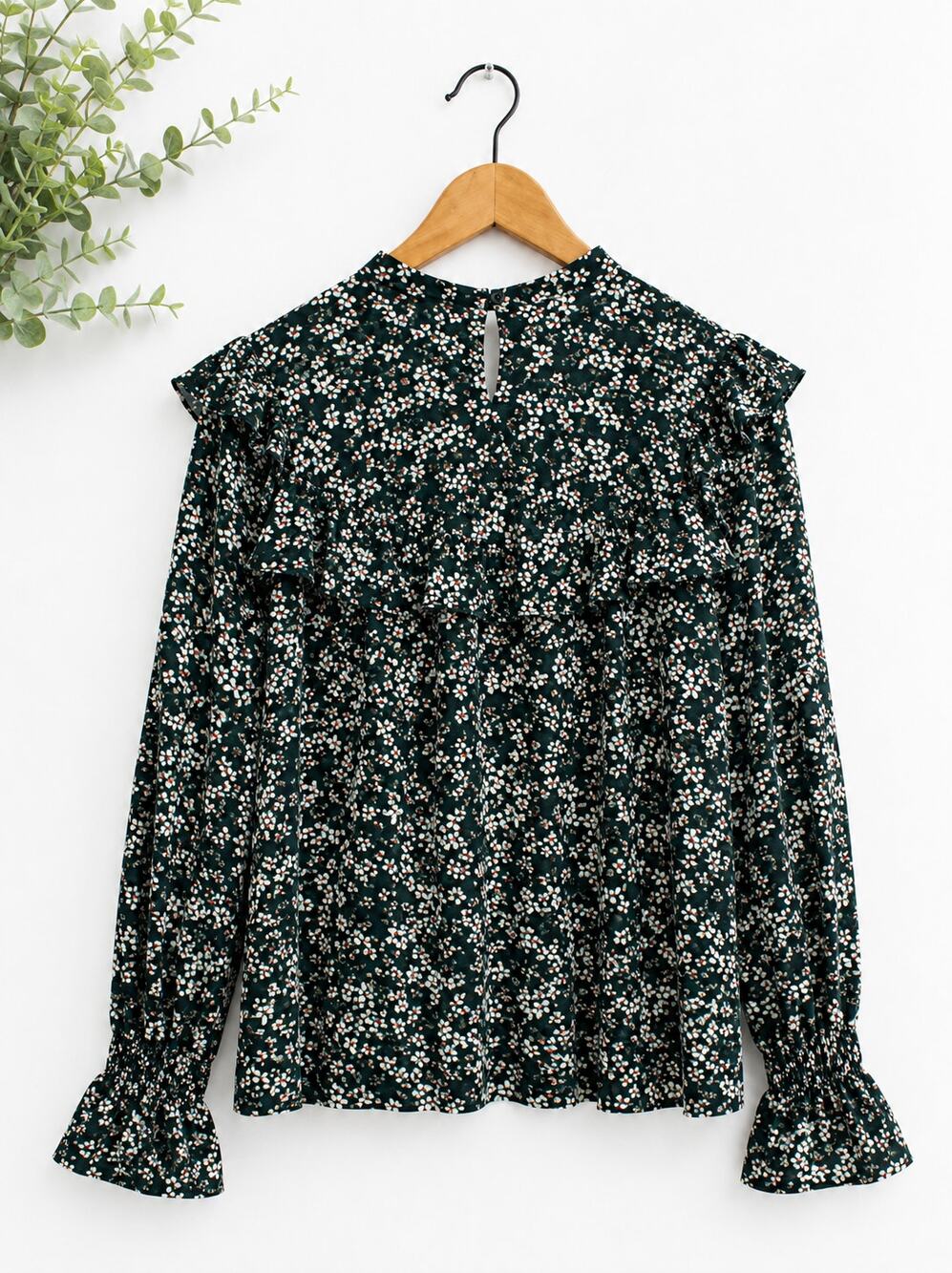 Cottagecore Floral Blouse Size S Green High Neck Prairie Ruffle Long Sleeve